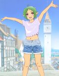  1girl :d ahoge alternate_costume building clock clock_tower day denim denim_shorts elf green_hair highres looking_at_viewer mizumori_keiichi mushoku_tensei open_mouth outdoors outstretched_arms pointy_ears red_eyes shirt short_hair shorts smile solo sylphiette_(mushoku_tensei) tower town white_shirt 
