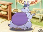  2023 animated anthro banner belly big_belly bloated blue_hair bouncing_belly breaking buckteeth chair common_hippopotamus dessert disney eating female food fur furniture hair hippopotamid hoppopotamus_(the_wuzzles) hybrid hyper hyper_belly lagomorph leporid mammal no_sound nude obese obese_anthro obese_female overweight overweight_anthro overweight_female pie purple_body rabbit scott_calico sign signature sitting solo stool surprised_expression teeth text the_wuzzles weight_gain wings 