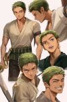  1boy closed_eyes commentary earrings english_commentary green_eyes green_hair happy highres japanese_clothes jewelry katana oekakiboya one_piece one_piece_(live_action) roronoa_zoro shirt short_hair simple_background smile solo standing sword weapon white_background 