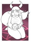  2023 anthro bangs beverage blunt_bangs bottomless clothed clothing demon digital_drawing_(artwork) digital_media_(artwork) english_text felid feline female fluffy fluffy_tail hair holding_object horn hybrid kneeling long_hair long_tail looking_at_viewer lucy_(thisaccountdoesexist) mammal monochrome mug paws pentagram potoobrigham simple_background sketch smile solo spiked_tail spikes spikes_(anatomy) steam succubus summoning summoning_circle sweater sweater_only tail text thick_thighs topwear topwear_only 