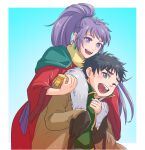  1boy 1girl arc_the_lad black_hair earrings gloves hug hug_from_behind jewelry kukuru_(arc_the_lad) long_hair looking_at_viewer one_eye_closed open_mouth over_wassyoi poco_(arc_the_lad) ponytail purple_eyes purple_hair scarf sleeves_past_wrists smile white_gloves 