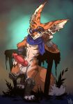  anthro atryl blizzard_entertainment canid canine clothed clothing erection eyewear fennec fox goggles hi_res jasper_tinkerton_(characters) knot male mammal partially_clothed pawpads piercing scar scarf smile smirk solo vulpera warcraft 