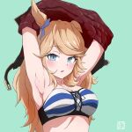  1girl absurdres animal_ears armpits arms_up bandeau bare_shoulders blonde_hair blue_eyes blush breasts cleavage commentary_request gold_city_(umamusume) green_background highres horse_ears libella_cowdery long_hair looking_at_viewer medium_breasts midriff parted_lips simple_background solo strapless striped_bandeau tube_top umamusume upper_body very_long_hair 