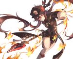  1girl absurdres bright_pupils brown_coat brown_hair brown_headwear brown_shorts chinese_commentary coat coattails dated fire flower flower-shaped_pupils genshin_impact grin hair_between_eyes hat hat_flower hat_tassel highres holding holding_polearm holding_weapon hu_tao_(genshin_impact) knee_up long_hair long_sleeves looking_at_viewer mingming8 orange_eyes polearm reaching shorts signature simple_background smile socks solo staff_of_homa_(genshin_impact) symbol-shaped_pupils twintails weapon white_background white_pupils white_socks 