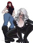  2girls absurdres black_bodysuit black_cat_(marvel) black_footwear black_shirt blue_eyes bodysuit breasts cleavage denim domino_mask felicia_hardy fur_trim highres jeans long_hair looking_at_viewer marvel mary_jane_watson mask multiple_girls pants parted_lips peter_chai red_hair shirt simple_background skin_tight spider-man_(series) squatting superhero the_amazing_spider-man western_comics_(style) white_background white_hair 