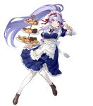  1girl detached_collar dress fire_emblem fire_emblem:_genealogy_of_the_holy_war fire_emblem_heroes frilled_dress frills full_body highres long_dress long_hair maid maid_headdress non-web_source official_art ponytail puffy_short_sleeves puffy_sleeves purple_eyes purple_hair shoes short_sleeves solo tailtiu_(fire_emblem) urata_asao 