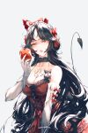  1056153842 1girl absurdres apple black_hair breasts chest_tattoo cleavage demon_horns demon_tail demon_wings dress elbow_gloves food fruit gloves highres holding holding_food holding_fruit horns long_hair lucia_(punishing:_gray_raven) maid_headdress open_mouth punishing:_gray_raven red_apple red_dress red_horns red_ribbon ribbon single_horn tail tattoo teeth upper_teeth_only white_gloves wings 