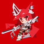  1girl absurdres animal_ears arknights armor blush blush_stickers bright_pupils c: chibi closed_mouth commentary ear_covers flametail_(arknights) full_body gambeson gauntlets highres holding holding_weapon long_hair looking_at_viewer nuu_(nu-nyu) pointing red_background red_eyes red_hair signature simple_background smile solo squirrel_ears squirrel_girl squirrel_tail tail thick_eyebrows thigh_pouch weapon white_pupils 