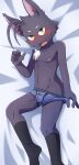  absurd_res anthro black_body black_fur blush boxer_briefs bulge chest_tuft clothing dakimakura_design domestic_cat felid feline felis flustered footwear fur hi_res lying male mammal morenatsu nipples on_back shin_(morenatsu) socks solo tsukane_yoda tuft underwear yellow_eyes 