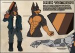  abs anthro belt black_boots black_clothing black_footwear boots bottomwear canid canine canis character_name clothed clothing denim denim_clothing dobermann domestic_dog english_text footwear fully_clothed hi_res jacket jeans laser_gun male mammal missing_arm model_sheet muscular muscular_anthro muscular_male pants pecs pinscher ranged_weapon rex_tomson robotic_arm shirt silverfang725 solo text topwear weapon white_clothing white_shirt white_topwear 