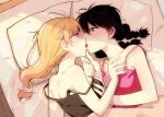  2girls black_camisole black_hair blonde_hair blush braid breast_grab camisole commentary_request french_kiss from_above grabbing keita_(o4510_9chi9) kiss long_hair low-tied_long_hair multiple_girls original pillow pink_camisole shoulder_blades sweat twin_braids under_covers upper_body yuri 