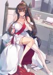  1girl alternate_costume blush breasts brown_eyes brown_hair cleavage crown dress flower hair_between_eyes hair_ornament high_heels himeyamato kantai_collection large_breasts long_hair looking_at_viewer ponytail ribbon smile solo very_long_hair white_dress yamato_(kancolle) 