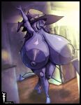  areola big_breasts breasts clothing demon dnp101 fan_character hat headgear headwear hi_res huge_breasts hyper hyper_breasts imp purple_body purple_skin witch_hat 