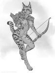  anthro bow_(weapon) breasts felid feline female fur genitals levelviolet mammal monochrome nipples pussy ranged_weapon solo spots spotted_body spotted_fur weapon 
