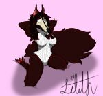  anthro athletic bed_sheet bedding big_tail brown_hair canid canine canis clothing cryptid_queen female hair huge_tail jackal lilith_(cryptid_queen) mammal mask paws pinup pose red_body relaxing solo sweater tail topwear white_clothing white_sweater white_topwear 