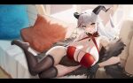  1girl absurdres aegir_(azur_lane) aegir_(golden_dragon_among_auspicious_clouds)_(azur_lane) azur_lane bare_shoulders black_fur black_gloves black_thighhighs blush breasts china_dress chinese_clothes cleavage couch dress garter_straps gloves highres horn_ornament horns long_hair looking_at_viewer maochemaochemaocheren multicolored_hair official_alternate_costume on_couch smile solo streaked_hair thighhighs thighs very_long_hair white_hair yellow_eyes 