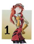  1girl amondetauro breasts closed_eyes cosplay flcl gainax gloves hand_on_own_hip haruhara_haruko haruhara_haruko_(cosplay) neon_genesis_evangelion scarf smile solo souryuu_asuka_langley standing white_scarf yellow_gloves 