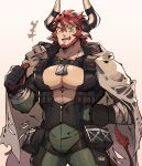  1boy abs absurdres animal_ears arknights bara beard blush bodysuit bulge cow_boy cow_ears cow_horns dog_tags facial_hair feet_out_of_frame framed_crotch graysheartart green_bodysuit highres horns humus_(arknights) large_pectorals laughing looking_at_viewer male_focus mature_male multicolored_hair muscular muscular_male one_eye_closed pectorals pointing pointing_at_self red_hair short_hair smile solo streaked_hair thick_eyebrows thighs 