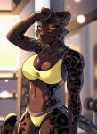  amber_eyes anthro athletic athletic_female bodily_fluids bra breasts cleavage clothed clothing felid female gekko-seishin grizzlygus gym gym_clothing hi_res leopard mammal melanistic nisha_(grizzlygus) pantherine solo sports_bra sports_panties sweat underwear workout_clothing 