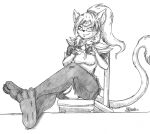  2020 anthro armor chair clothed clothing dagger domestic_cat fan_character feet_on_table felid feline felis female fur furniture hair holding_dagger holding_object holding_weapon leaning leaning_back looking_at_viewer mammal marcushunter melee_weapon on_chair raised_tail sitting sitting_on_chair smile smiling_at_viewer solo tail tail_tuft tuft weapon 