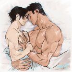  2boys bara bed black_hair blush closed_mouth couple jewelry kashikahaya large_pectorals looking_at_another lying male_focus multiple_boys muscular muscular_male on_bed on_side original pectorals ring short_hair smile upper_body yaoi 