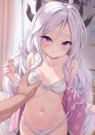  1boy 1girl ahoge bare_shoulders blue_archive blush bra breasts collarbone forehead grabbing grabbing_another&#039;s_breast halo highres hina_(blue_archive) horns long_hair looking_at_viewer multiple_horns navel off_shoulder panties parted_bangs purple_eyes shimokirin small_breasts underwear white_bra white_hair white_panties 