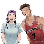  1boy 1girl :d ayako_(slam_dunk) backwards_hat basketball_jersey basketball_uniform beaker_pour blush brown_eyes brown_hair closed_eyes curly_hair earrings hat highres jewelry miyagi_ryouta nervous_sweating ponytail purple_headwear red_tank_top shirt slam_dunk_(series) sleeves_rolled_up smile sportswear stud_earrings sweat sweatdrop tank_top toned toned_male undercut upper_body wavy_hair white_background white_shirt 