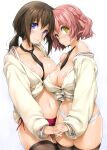  2girls blue_eyes breast_press breasts brown_hair cleavage commentary_request covered_nipples ishikei large_breasts multiple_girls necktie nipple_slip nipples no_bra open_clothes open_shirt original panties pink_hair revision shirt string_panties symmetrical_docking thighhighs underwear yellow_eyes yuri 