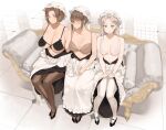  3girls apron bangs blush bra breasts cleavage couch frills half-dressed highres huge_breasts large_breasts lingerie long_hair looking_at_viewer maid medium_breasts multiple_girls on_couch original pantyhose sitting thighs throtem underwear undressing white_pantyhose 