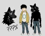  1boy ? ?? black_hair closed_mouth commentary denim english_commentary full_body furry grey_background highres jacket jeans kageyama_shigeo kageyama_shigeo_(???) kyokyeo male_focus mob_psycho_100 pants shirt short_hair simple_background standing werewolf white_shirt yellow_jacket 