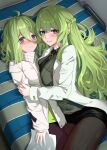  2girls :d asymmetrical_docking between_legs black_necktie black_skirt blush braid breast_press breasts chaciooh commentary_request curly_hair frown green_eyes green_shirt grey_hair grin highres holding_another&#039;s_arm honkai_(series) honkai_impact_3rd hug klein_(honkai_impact) large_breasts long_hair looking_at_viewer looking_up lying medium_breasts miniskirt mobius_(honkai_impact) multiple_girls necktie on_back on_side open_clothes open_shirt pantyhose pink_eyes shirt skirt slit_pupils small_breasts smile thighs two-tone_eyes very_long_hair white_shirt 