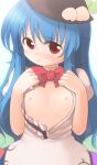  1girl bangs black_headwear blue_hair blush bow bowtie center_frills collared_shirt commentary_request cowboy_shot emurin flat_chest frills hair_between_eyes hat hinanawi_tenshi leaf_hat_ornament long_hair looking_at_viewer nose_blush open_clothes open_mouth open_shirt peach_hat_ornament puffy_short_sleeves puffy_sleeves red_bow red_bowtie red_eyes shirt short_sleeves solo touhou 