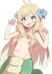  1girl :d absurdres ahoge blonde_hair blue_bow blue_eyes bow breasts fangs gazacy_(dai) hair_bow hair_over_breasts highres jashin-chan jashin-chan_dropkick lamia long_hair monster_girl navel open_mouth simple_background small_breasts smile solo stomach topless white_background 