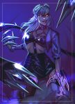  1girl absurdres artist_name asymmetrical_bangs black_choker black_garter_straps black_skirt black_thighhighs bracelet breasts choker claw_(weapon) cone_hair_bun cropped_jacket d4ybreaker dark_background demon demon_girl drop_earrings earrings evelynn_(league_of_legends) evil_grin evil_smile garter_straps girl_on_top grin hair_bun highres jacket jewelry k/da_all_out_evelynn league_of_legends long_hair looking_at_viewer medium_breasts o-ring open_clothes open_jacket purple_background purple_jacket purple_lips revealing_clothes sitting sitting_on_person skirt slit_pupils smile solo spikes the_baddest_evelynn thighhighs weapon white_hair yellow_eyes 