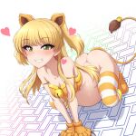  1girl akai_(riaakai) animal_hands ass bell big_belly blonde_hair blush boots bottomless commission gloves green_eyes idolmaster idolmaster_cinderella_girls inflation jingle_bell jougasaki_rika long_hair open_mouth orange_footwear paid_reward_available paw_gloves pregnant simple_background skeb_commission solo striped striped_thighhighs tail teeth thighhighs twintails upper_teeth_only white_background yellow_stripes 