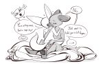  aggressive_retsuko anthro canid canine dialogue duo embrace eyes_closed feet female fennec fenneko fox haida hug hyena interspecies intimate junyois male male/female mammal nude plushie romantic romantic_couple sanrio sitting sketch speech_bubble 