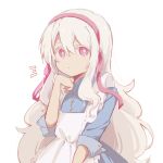  1girl apron blue_dress closed_mouth colored_eyelashes dress hair_ribbon hairband hand_up kagerou_project kozakura_marry long_hair long_sleeves looking_at_viewer notice_lines pink_hairband pink_ribbon ribbon sidelocks solo very_long_hair wenyu19_19 white_apron white_hair 