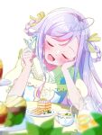  1girl ahoge blush cake closed_eyes cup food fork frilled_shirt frills hand_on_own_cheek hand_on_own_face highres holding holding_fork iroha_wds long_hair niizuma_yae open_mouth purple_hair shirt solo teacup world_dai_star 