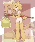  1girl absurdres animal_ear_fluff animal_feet animal_hands animal_legs arms_behind_back ass back barefoot bell bottomless bra breasts commentary_request commission fox_girl fox_hat from_behind full_body highres holding holding_staff looking_at_viewer looking_back medium_breasts moonlight_flower open_mouth ragnarok_online red_eyes second-party_source short_hair sicky_(pit-bull) skeb_commission solo staff standing underwear yellow_bra zoom_layer 