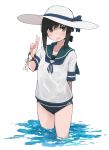  1girl absurdres black_hair black_one-piece_swimsuit blush collarbone cowboy_shot fubuki_(kancolle) green_eyes green_sailor_collar hat highres kantai_collection ma_rukan one-piece_swimsuit open_mouth sailor_collar school_uniform serafuku short_hair short_ponytail short_sleeves signature simple_background smile solo swimsuit swimsuit_under_clothes v white_background white_headwear 