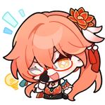  :d adjusting_eyewear bare_shoulders black_gloves chibi chinese_clothes english_commentary glasses gloves guinaifen_(honkai:_star_rail) hand_on_own_hip honkai:_star_rail honkai_(series) light_bulb long_hair looking_at_viewer lowres official_art open_mouth orange_hair red-framed_eyewear side_ponytail smile star-shaped_pupils star_(symbol) symbol-shaped_pupils transparent_background 
