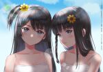  2girls :d bare_shoulders black_hair blue_eyes blue_sky blunt_bangs braid camisole closed_mouth cloud cloudy_sky collarbone commentary_request day flower hair_flower hair_ornament long_hair mingrye multiple_girls one_side_up original outdoors siblings sky smile sunflower sunflower_hair_ornament translation_request twins upper_body white_camisole 