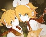  1boy 1girl ahoge black_background blue_eyes brother_and_sister closed_mouth eyelashes headset highres kagamine_len kagamine_rin lens_flare looking_at_viewer midriff neckerchief parted_lips ribbon sailor_collar shirt short_hair short_ponytail siblings star_(symbol) twins varinr vocaloid white_ribbon white_shirt yellow_neckerchief 
