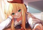  1girl baram beret blonde_hair blurry blurry_foreground breasts commentary_request depth_of_field green_eyes hat indoors long_hair long_sleeves looking_at_viewer mononobe_alice nijisanji parted_lips puffy_long_sleeves puffy_sleeves red_headwear shirt small_breasts smile solo virtual_youtuber white_shirt 