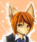  anthro black_clothing black_topwear bust_portrait clothed clothing dragon front_view fur furred_dragon hair kutto kuttoyaki looking_aside male mouth_closed orange_eyes orange_hair portrait simple_background solo topwear white_clothing white_topwear yellow_body yellow_fur 