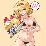  2girls alice_margatroid bikini black_bikini blue_dress blue_eyes blush breasts chinese_commentary closed_mouth commentary_request dress eaglov hair_between_eyes hair_intakes hairband highres holding holding_weapon large_breasts multiple_girls open_mouth pixel_art red_hairband shanghai_doll short_hair simple_background smile spoken_blush swimsuit touhou variant_set weapon yellow_background 