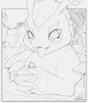  2020 3_fingers ambiguous_gender bandai_namco biyomon claws detailed_background digimon digimon_(species) digital_drawing_(artwork) digital_media_(artwork) duo fingers gomamon grass greyscale hi_res holding_character looking_at_another macro monochrome open_mouth outside palm_tree plant s2-freak shrub size_difference sky tongue tongue_out tree umbrella watermark 