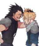  2boys armor black_gloves black_hair blonde_hair blue_shirt blush closed_eyes cloud_strife crisis_core_final_fantasy_vii earrings fang final_fantasy final_fantasy_vii gloves grey_scarf hair_between_eyes hair_slicked_back hand_in_another&#039;s_hair hand_on_own_hip jewelry long_hair male_focus multiple_boys profile scarf shirt short_hair shoulder_armor sideburns single_earring sleeveless sleeveless_turtleneck sleeves_rolled_up smile spiked_hair suspenders turtleneck upper_body white_background yuma_(zero) zack_fair 