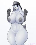  anthro big_breasts blush breasts digital_media_(artwork) female genitals hi_res lagomorph leporid looking_at_viewer lykan284 mammal nipples nude pussy rabbit simple_background smile solo thick_thighs wide_hips 