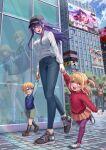  2boys 2girls :d absurdres baseball_cap billboard blonde_hair blue_sky building child cloud day denim different_reflection hat highres holding_hands hoshino_ai_(oshi_no_ko) hoshino_aquamarine hoshino_ruby jeans mother_and_daughter mother_and_son multiple_boys multiple_girls open_mouth oshi_no_ko outdoors pants people purple_eyes purple_hair red_eyes reflection school_swimsuit shoes sign silvertsuki sky smile sneakers star-shaped_pupils star_(symbol) swimsuit symbol-shaped_pupils 
